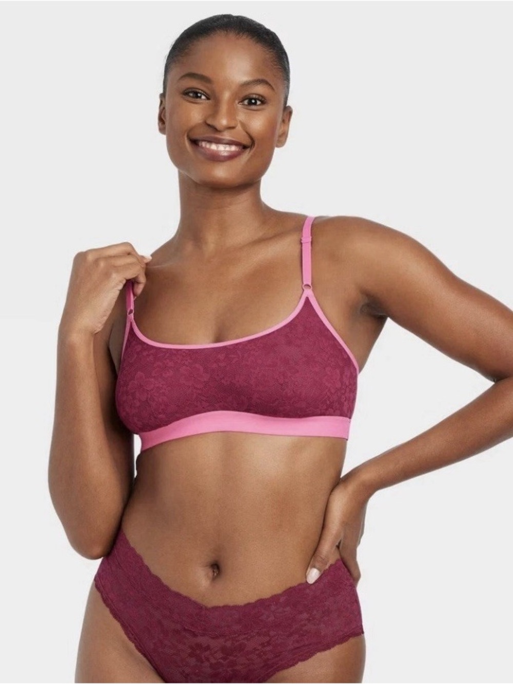 Auden Bra Lace Bralette Cherry Pink Pullover Scoop Neck Size L NWT